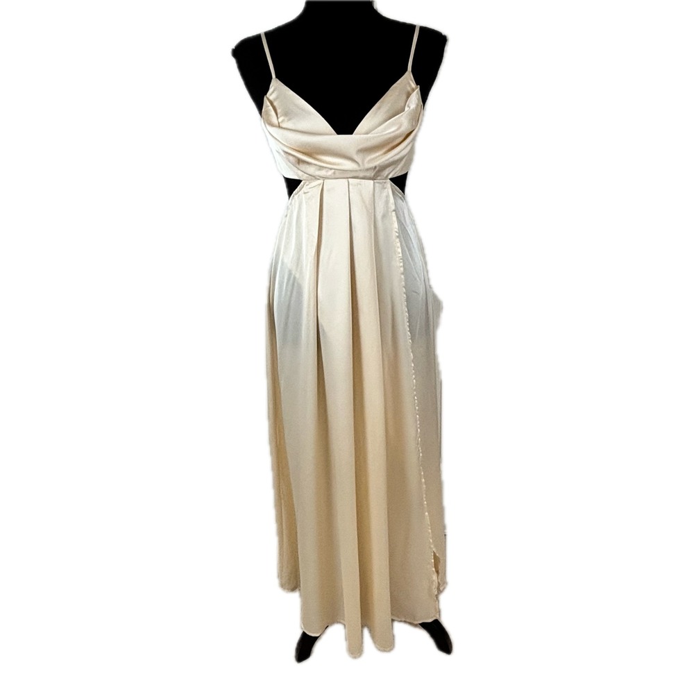 Hello Molly Champagne Satin Cut Out Cowl Neck Maxi Dress US 2 XS Pleated Cream